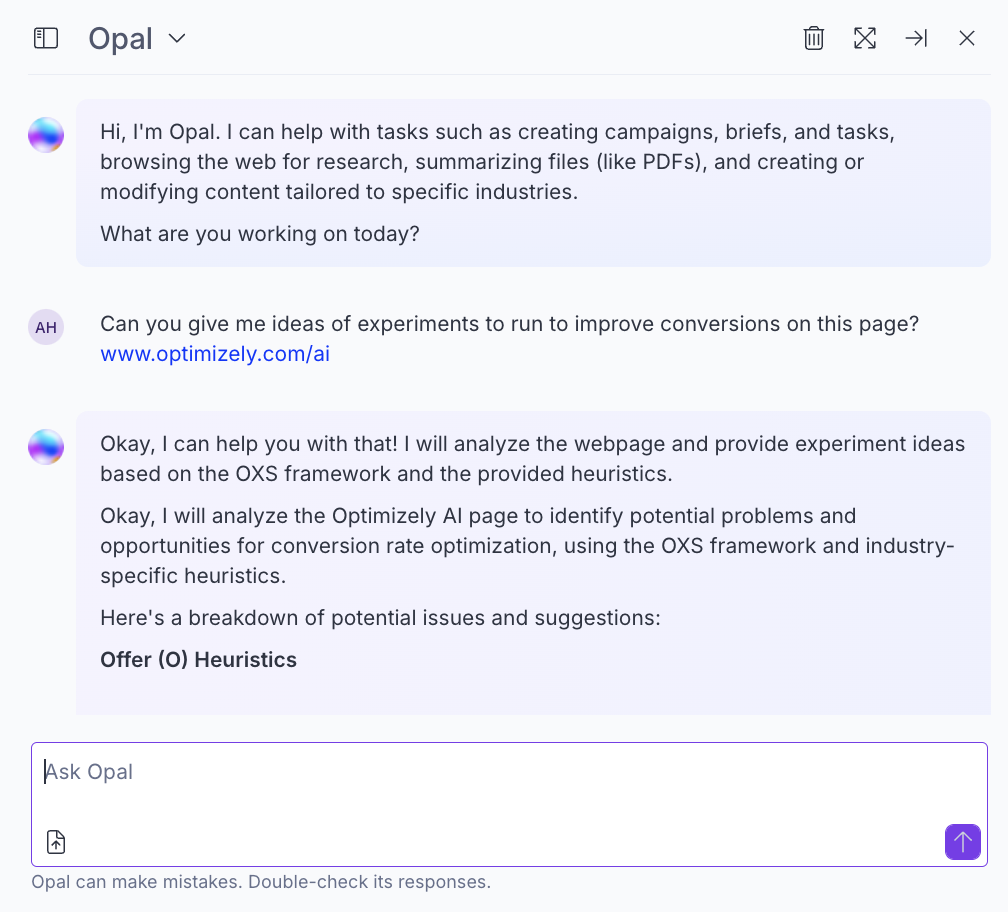 Opal chat for experimentation in action