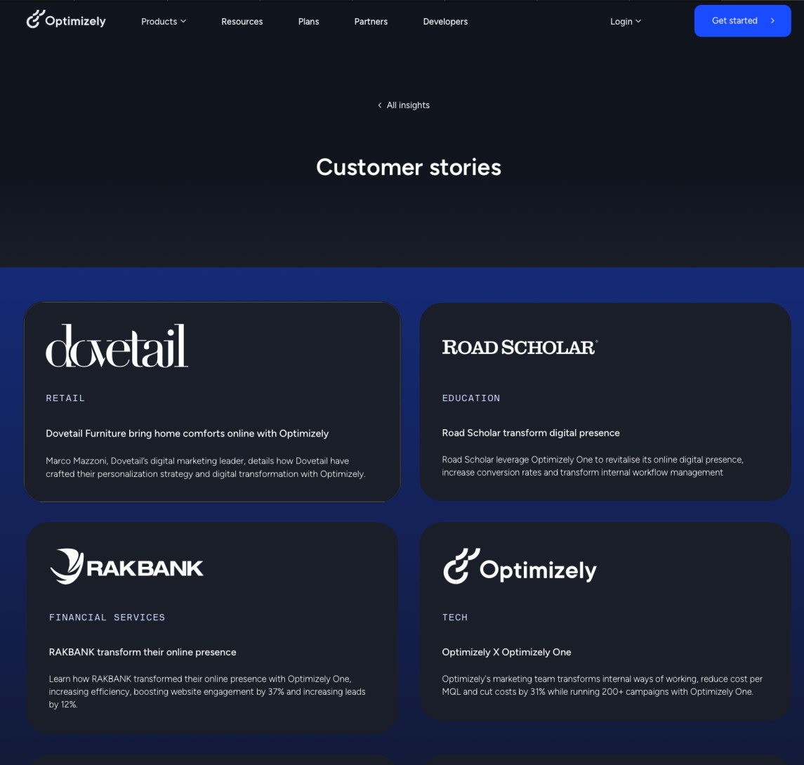 Optimizely testimonials page