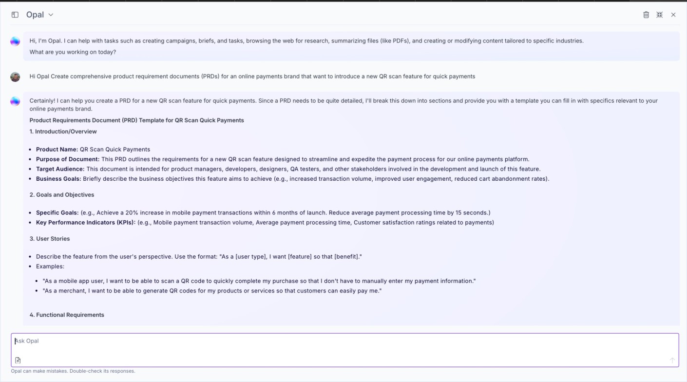 Product requirement document in Opal